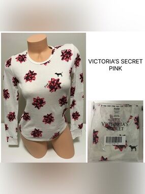 🆕VICTORIA’S SECRET PINK - XS - NWT - HOLIDAY BOW COZY WAFFLE SLEEP SHIRT